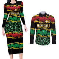 Vanuatu 46th Year Anniversary Couples Matching Long Sleeve Bodycon Dress and Long Sleeve Button Shirt 30 July 1980 Hibiscus Seamless Pattern