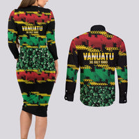 Vanuatu 46th Year Anniversary Couples Matching Long Sleeve Bodycon Dress and Long Sleeve Button Shirt 30 July 1980 Hibiscus Seamless Pattern