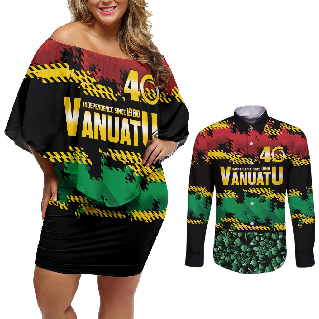 Vanuatu 46th Year Anniversary Couples Matching Off Shoulder Short Dress and Long Sleeve Button Shirt 30 July 1980 Hibiscus Seamless Pattern