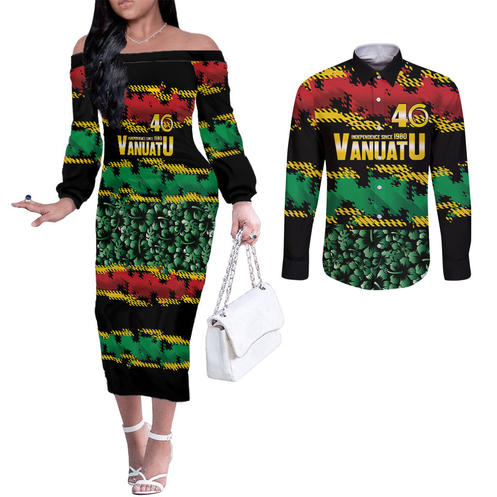Vanuatu 46th Year Anniversary Couples Matching Off The Shoulder Long Sleeve Dress and Long Sleeve Button Shirt 30 July 1980 Hibiscus Seamless Pattern