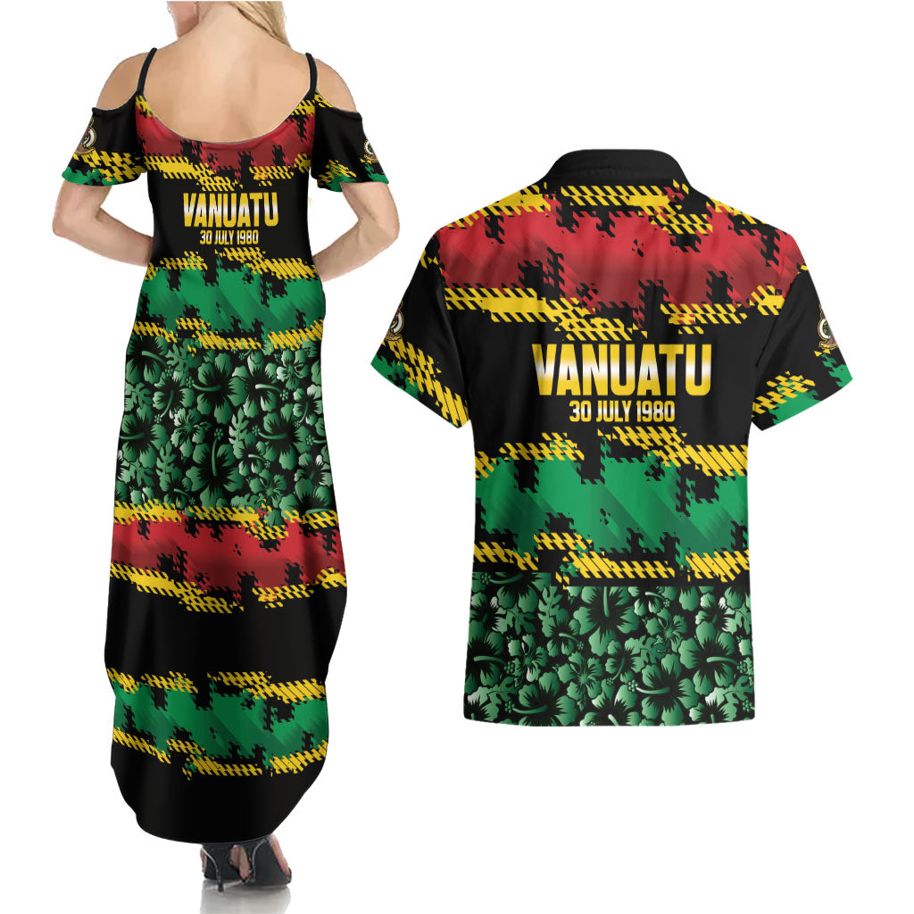 Vanuatu 46th Year Anniversary Couples Matching Summer Maxi Dress and Hawaiian Shirt 30 July 1980 Hibiscus Seamless Pattern