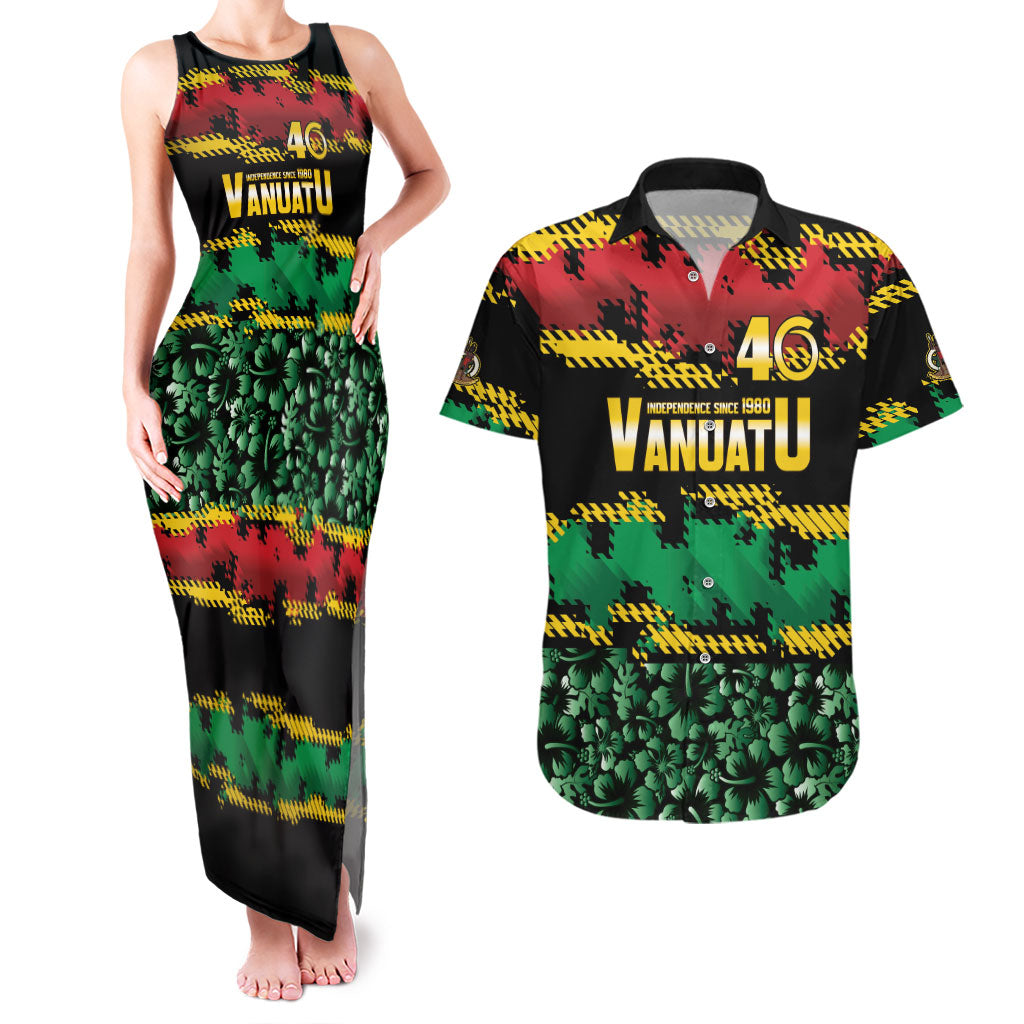 Vanuatu 46th Year Anniversary Couples Matching Tank Maxi Dress and Hawaiian Shirt 30 July 1980 Hibiscus Seamless Pattern