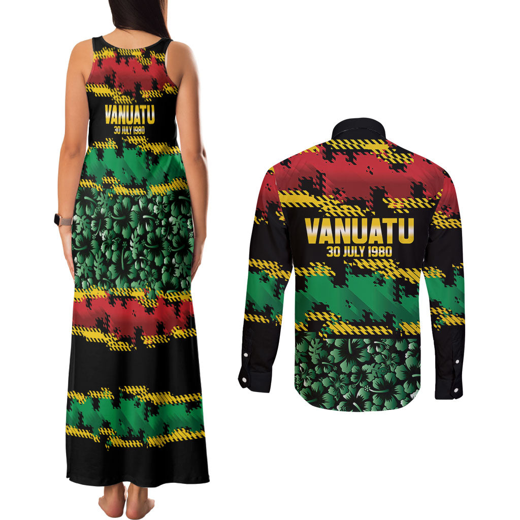 Vanuatu 46th Year Anniversary Couples Matching Tank Maxi Dress and Long Sleeve Button Shirt 30 July 1980 Hibiscus Seamless Pattern