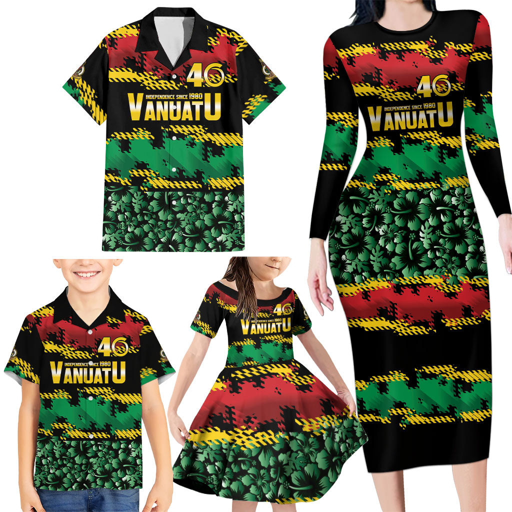 Vanuatu 46th Year Anniversary Family Matching Long Sleeve Bodycon Dress and Hawaiian Shirt 30 July 1980 Hibiscus Seamless Pattern