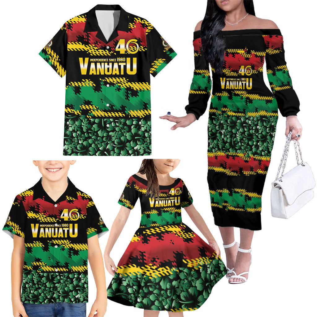 Vanuatu 46th Year Anniversary Family Matching Off The Shoulder Long Sleeve Dress and Hawaiian Shirt 30 July 1980 Hibiscus Seamless Pattern LT9 - Polynesian Pride