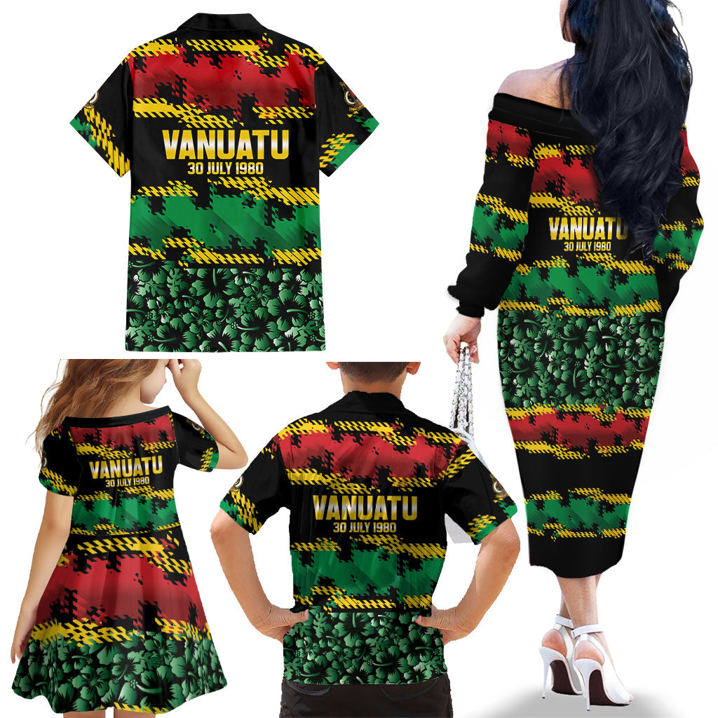 Vanuatu 46th Year Anniversary Family Matching Off The Shoulder Long Sleeve Dress and Hawaiian Shirt 30 July 1980 Hibiscus Seamless Pattern LT9 - Polynesian Pride