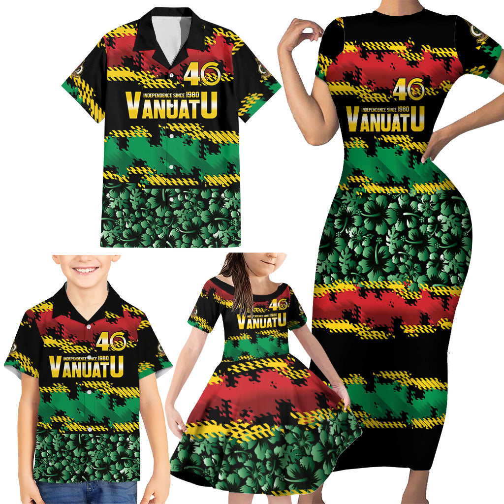 Vanuatu 46th Year Anniversary Family Matching Short Sleeve Bodycon Dress and Hawaiian Shirt 30 July 1980 Hibiscus Seamless Pattern LT9 - Polynesian Pride