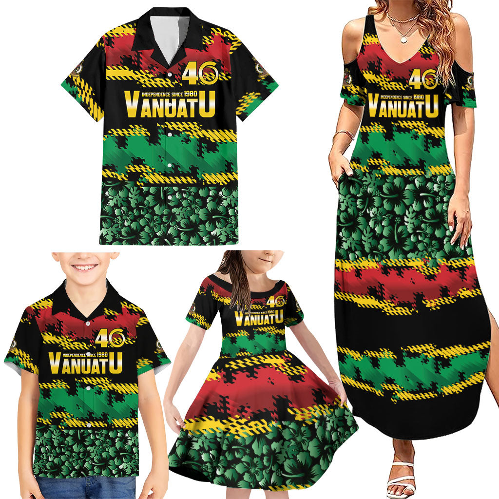 Vanuatu 46th Year Anniversary Family Matching Summer Maxi Dress and Hawaiian Shirt 30 July 1980 Hibiscus Seamless Pattern LT9 - Polynesian Pride
