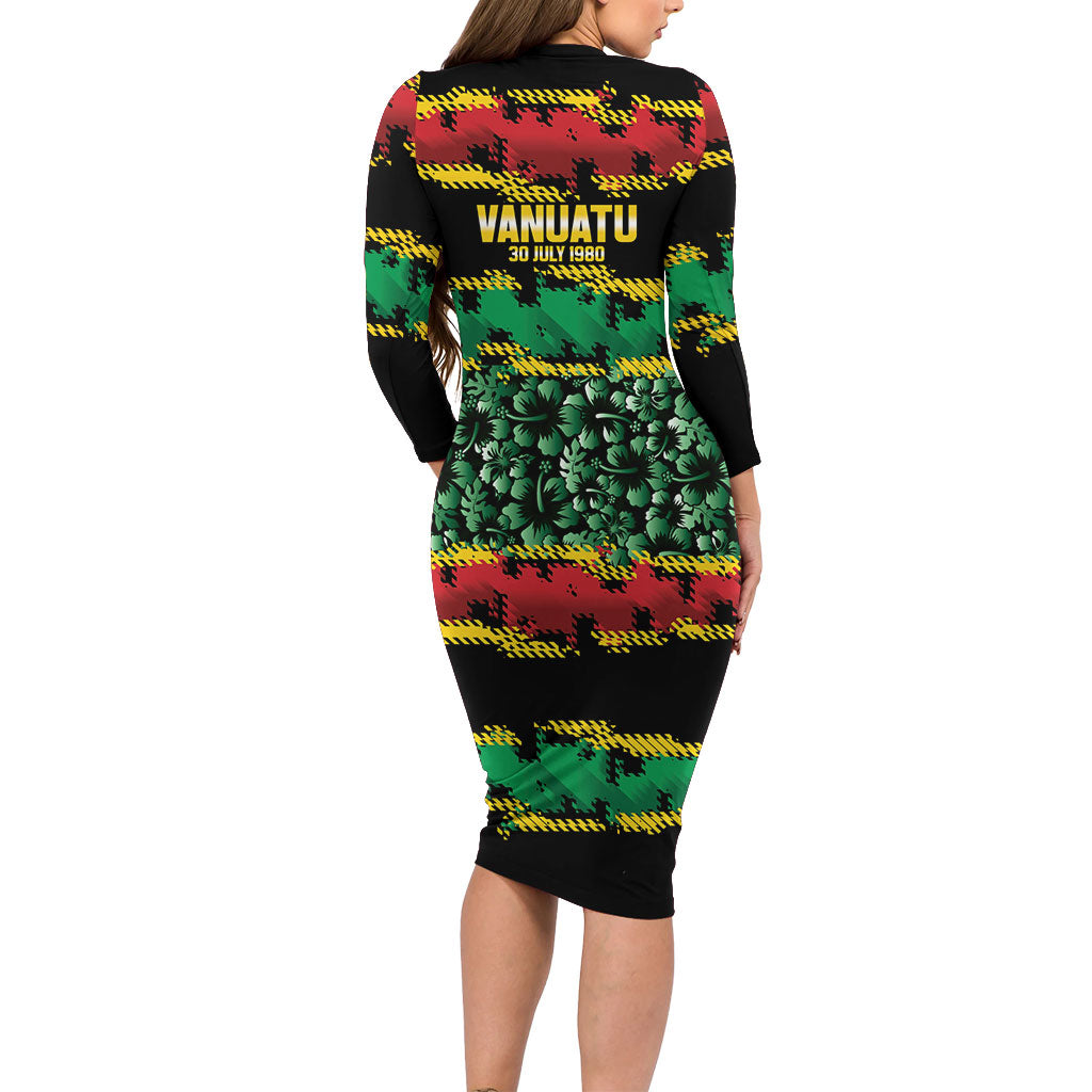 Vanuatu 46th Year Anniversary Long Sleeve Bodycon Dress 30 July 1980 Hibiscus Seamless Pattern