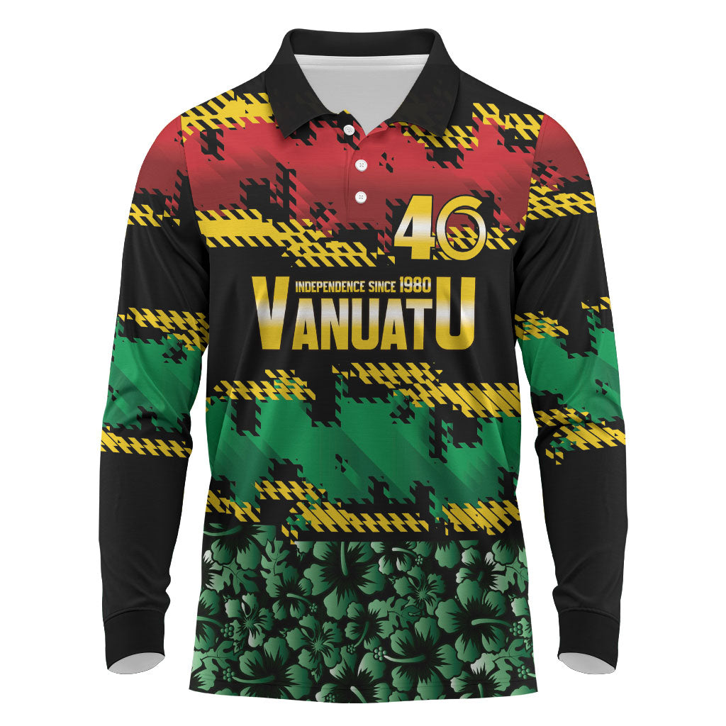 Vanuatu 46th Year Anniversary Long Sleeve Polo Shirt 30 July 1980 Hibiscus Seamless Pattern