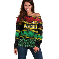 Vanuatu 46th Year Anniversary Off Shoulder Sweater 30 July 1980 Hibiscus Seamless Pattern