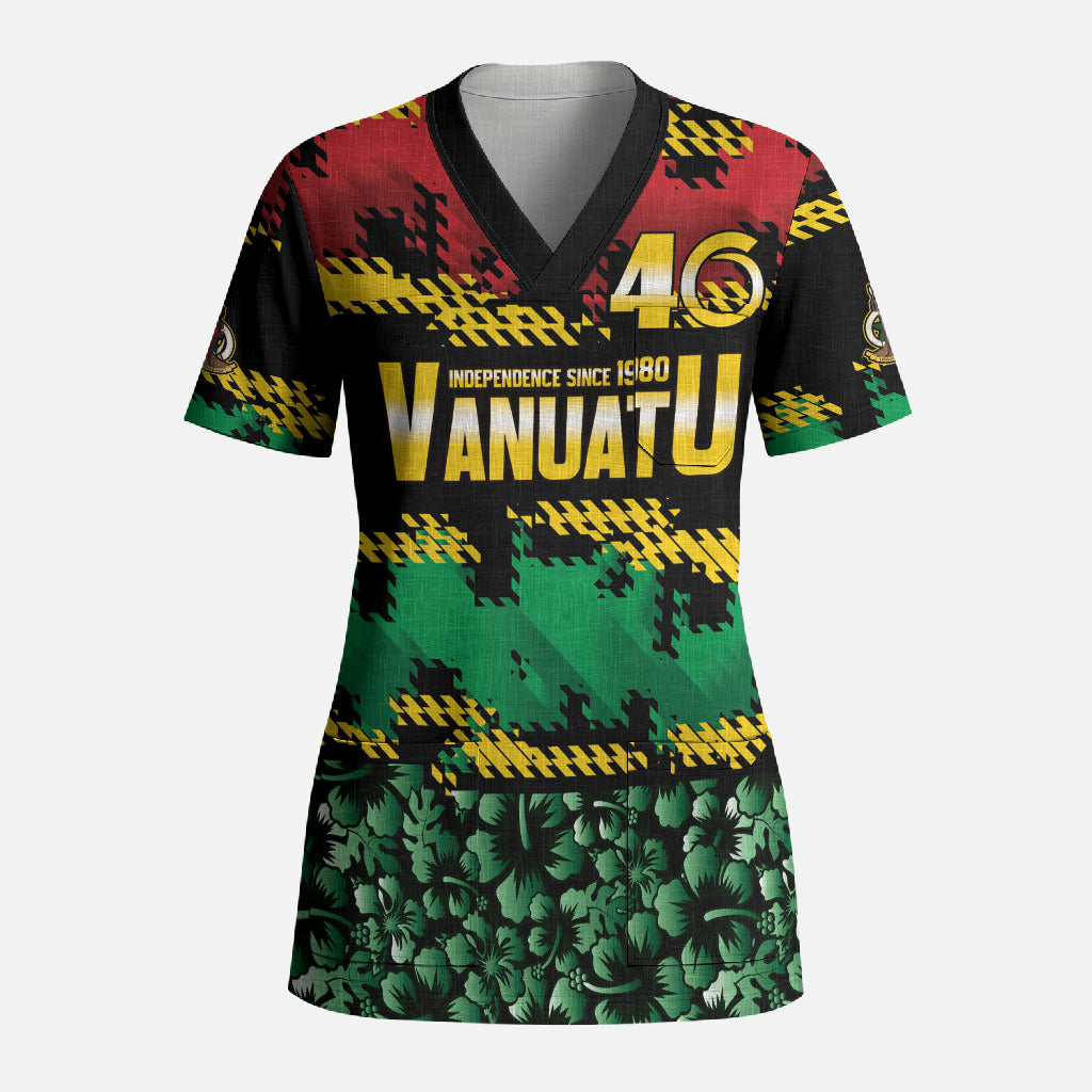 Vanuatu 46th Year Anniversary Scrub Top 30 July 1980 Hibiscus Seamless Pattern