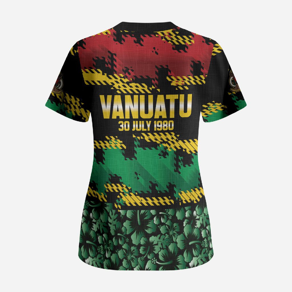 Vanuatu 46th Year Anniversary Scrub Top 30 July 1980 Hibiscus Seamless Pattern