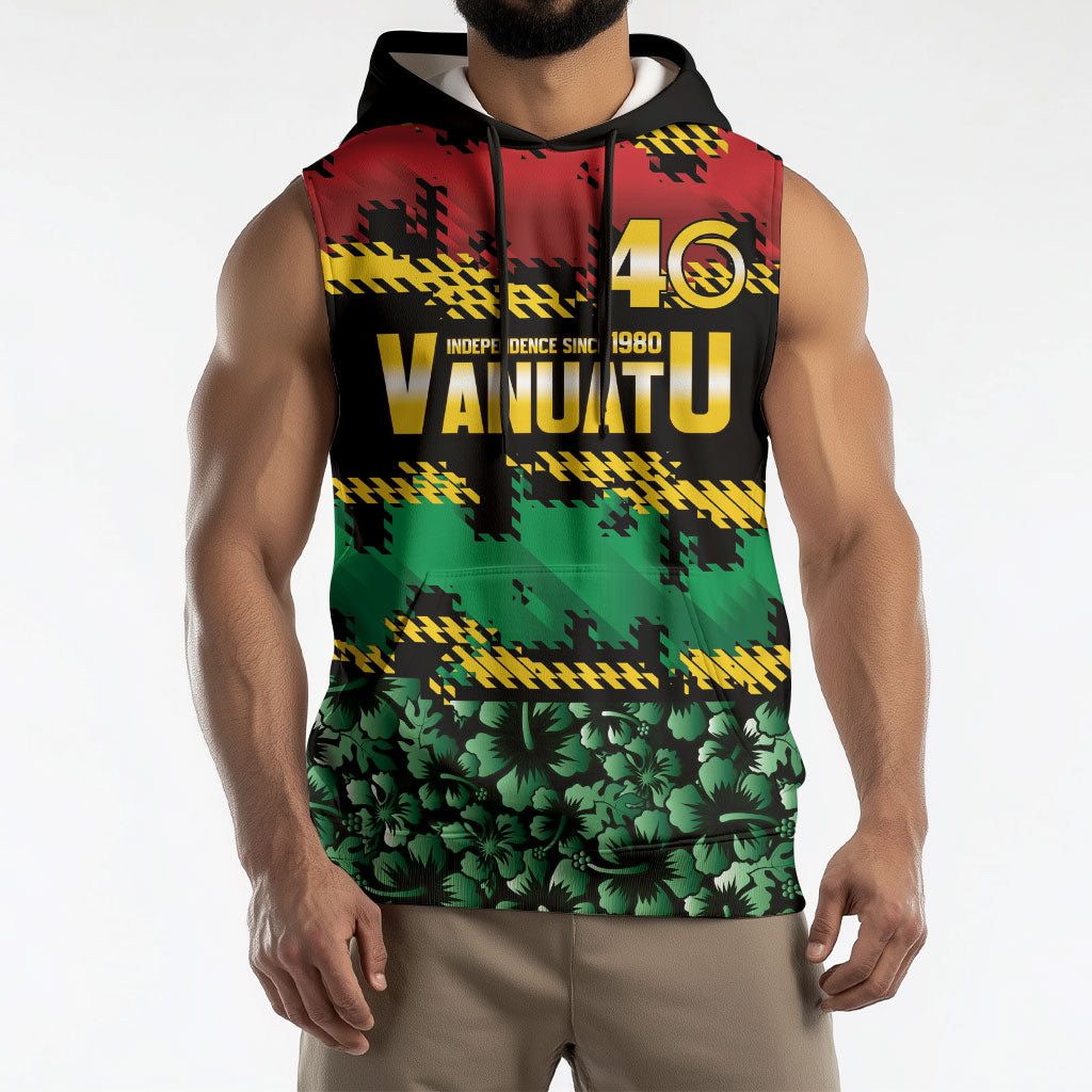 Vanuatu 46th Year Anniversary Sleeveless Hoodie 30 July 1980 Hibiscus Seamless Pattern