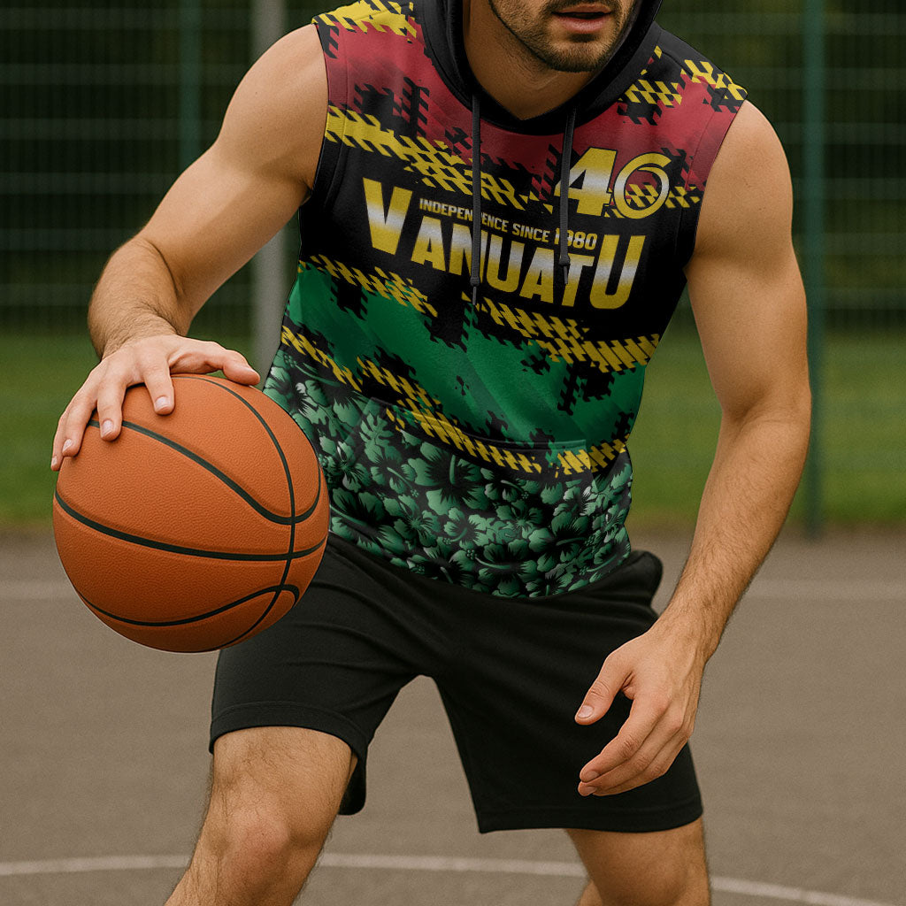 Vanuatu 46th Year Anniversary Sleeveless Hoodie 30 July 1980 Hibiscus Seamless Pattern
