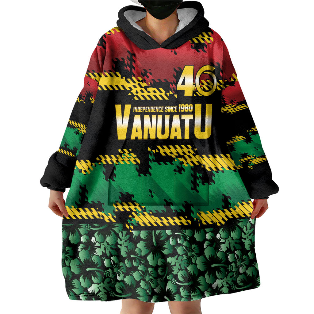 Vanuatu 46th Year Anniversary Wearable Blanket Hoodie 30 July 1980 Hibiscus Seamless Pattern
