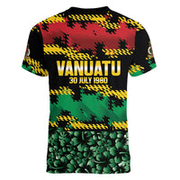 Vanuatu 46th Year Anniversary Women V-Neck T-Shirt 30 July 1980 Hibiscus Seamless Pattern