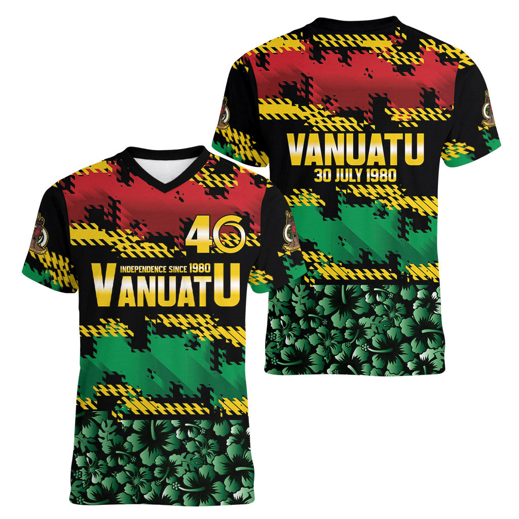 Vanuatu 46th Year Anniversary Women V-Neck T-Shirt 30 July 1980 Hibiscus Seamless Pattern