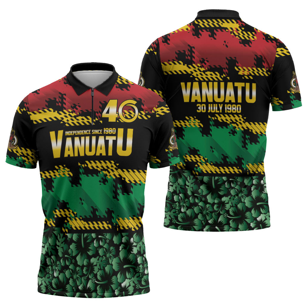 Vanuatu 46th Year Anniversary Zipper Polo Shirt 30 July 1980 Hibiscus Seamless Pattern
