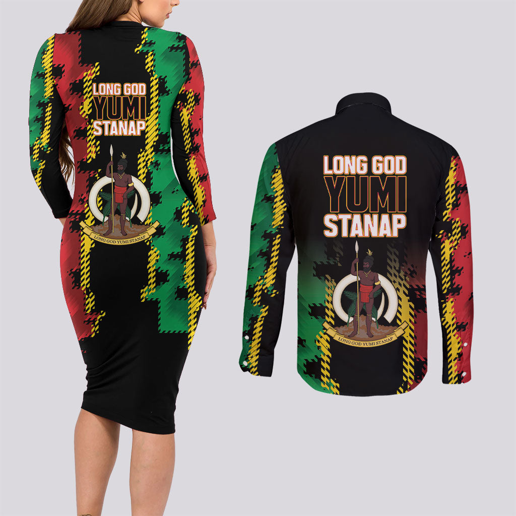 Vanuatu 46th Year Anniversary Couples Matching Long Sleeve Bodycon Dress and Long Sleeve Button Shirt Tamtam Slit Drums Long God Yumi Stanap LT9 - Polynesian Pride