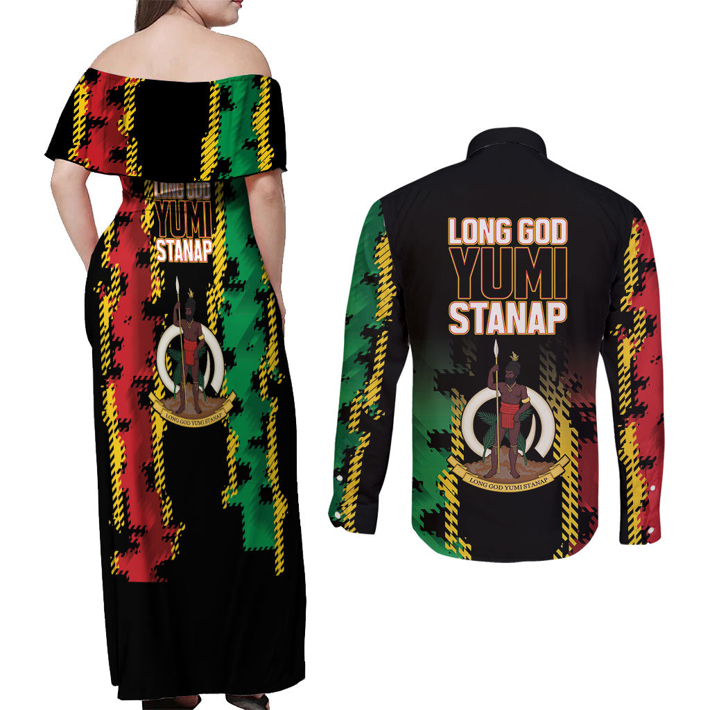 Vanuatu 46th Year Anniversary Couples Matching Off Shoulder Maxi Dress and Long Sleeve Button Shirt Tamtam Slit Drums Long God Yumi Stanap