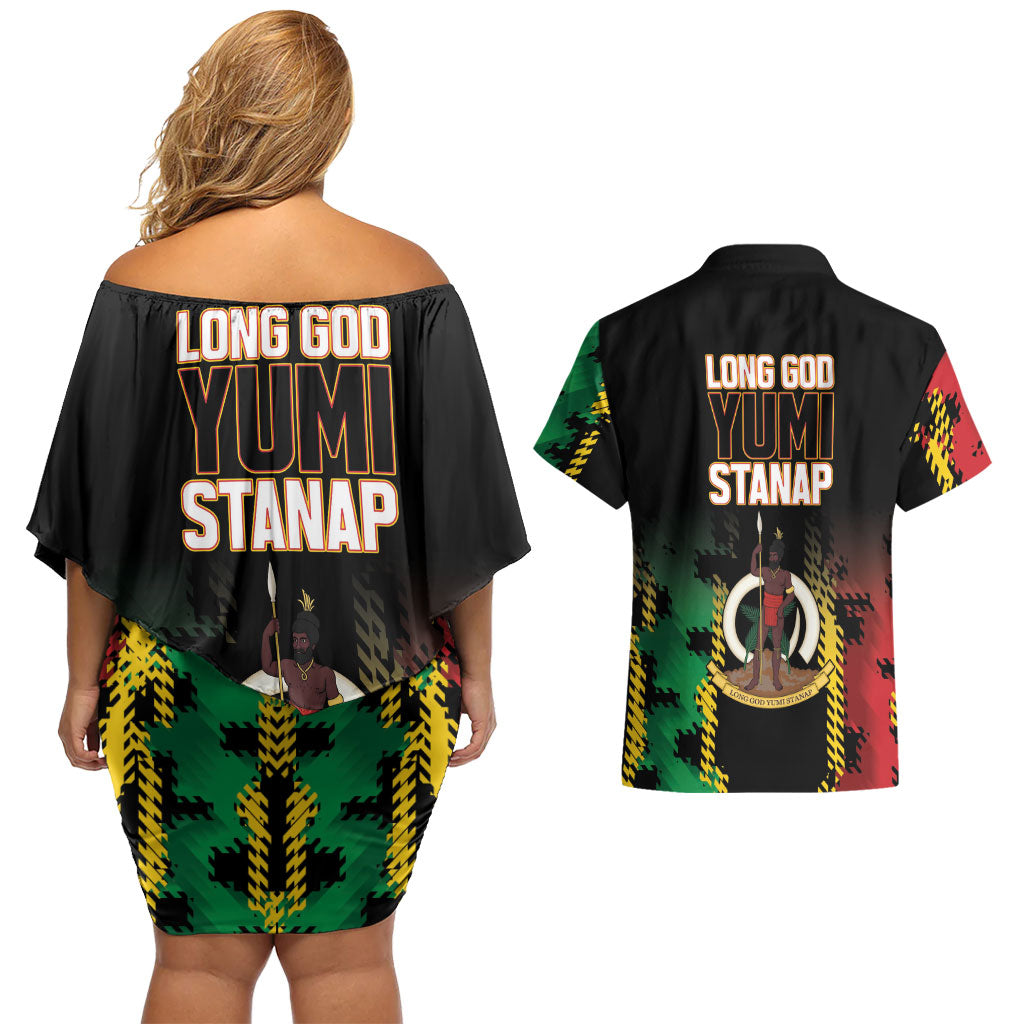 Vanuatu 46th Year Anniversary Couples Matching Off Shoulder Short Dress and Hawaiian Shirt Tamtam Slit Drums Long God Yumi Stanap LT9 - Polynesian Pride