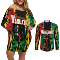 Vanuatu 46th Year Anniversary Couples Matching Off Shoulder Short Dress and Long Sleeve Button Shirt Tamtam Slit Drums Long God Yumi Stanap