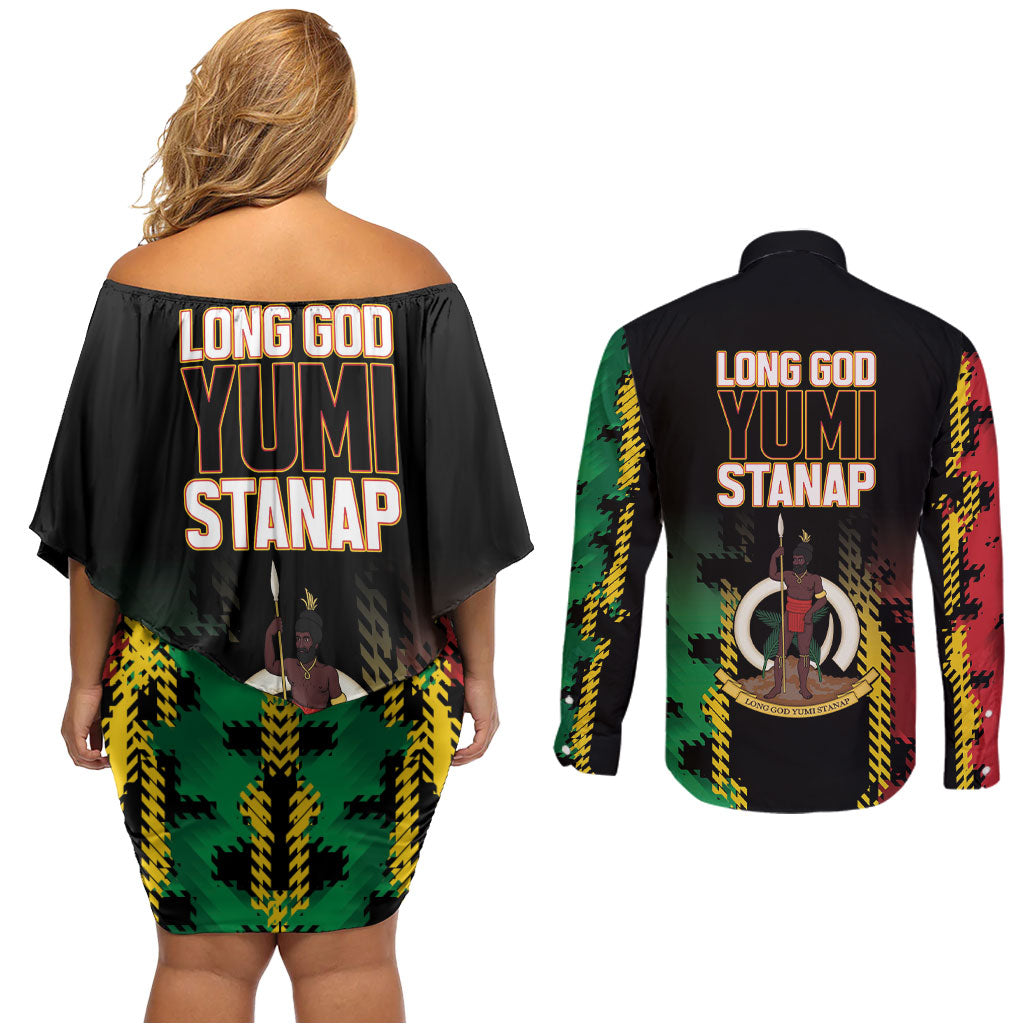 Vanuatu 46th Year Anniversary Couples Matching Off Shoulder Short Dress and Long Sleeve Button Shirt Tamtam Slit Drums Long God Yumi Stanap