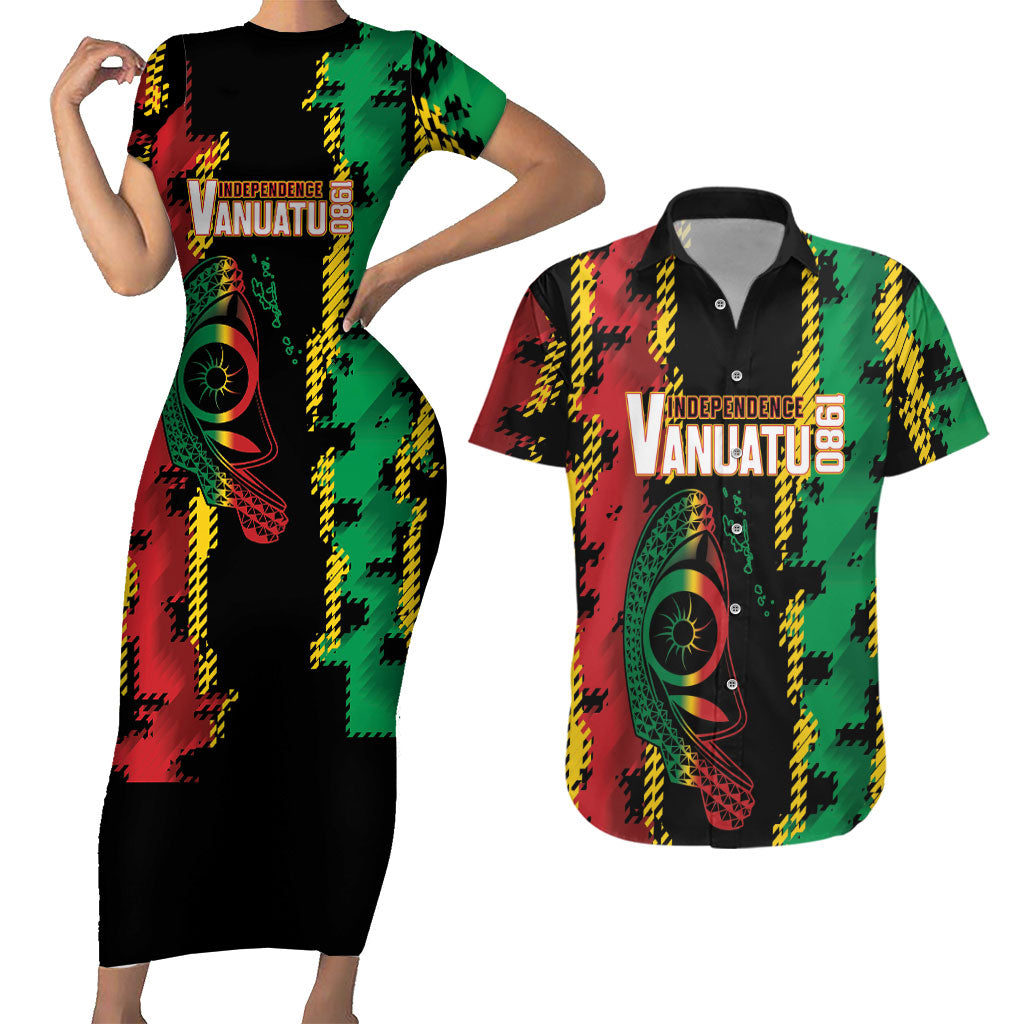 Vanuatu 46th Year Anniversary Couples Matching Short Sleeve Bodycon Dress and Hawaiian Shirt Tamtam Slit Drums Long God Yumi Stanap LT9 Black - Polynesian Pride