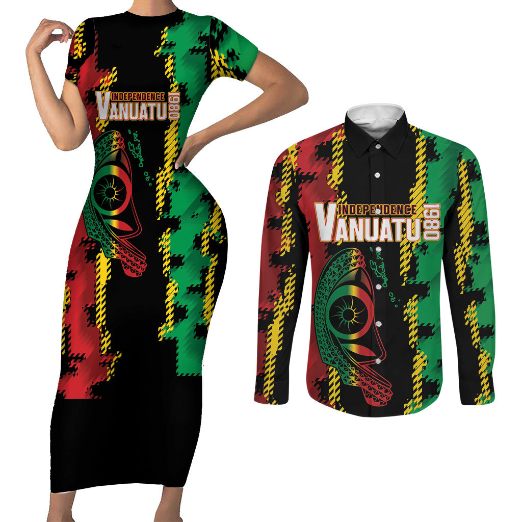 Vanuatu 46th Year Anniversary Couples Matching Short Sleeve Bodycon Dress and Long Sleeve Button Shirt Tamtam Slit Drums Long God Yumi Stanap