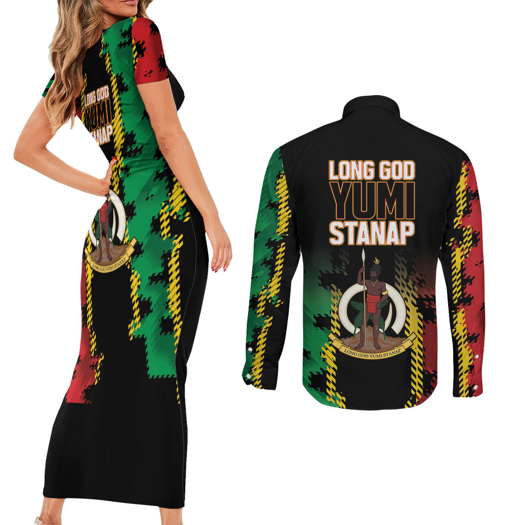 Vanuatu 46th Year Anniversary Couples Matching Short Sleeve Bodycon Dress and Long Sleeve Button Shirt Tamtam Slit Drums Long God Yumi Stanap LT9 - Polynesian Pride