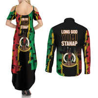 Vanuatu 46th Year Anniversary Couples Matching Summer Maxi Dress and Long Sleeve Button Shirt Tamtam Slit Drums Long God Yumi Stanap