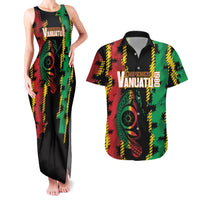 Vanuatu 46th Year Anniversary Couples Matching Tank Maxi Dress and Hawaiian Shirt Tamtam Slit Drums Long God Yumi Stanap LT9 Black - Polynesian Pride