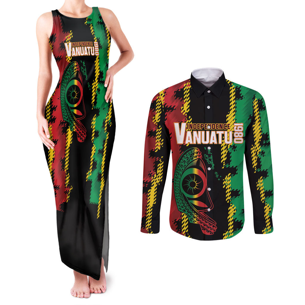 Vanuatu 46th Year Anniversary Couples Matching Tank Maxi Dress and Long Sleeve Button Shirt Tamtam Slit Drums Long God Yumi Stanap