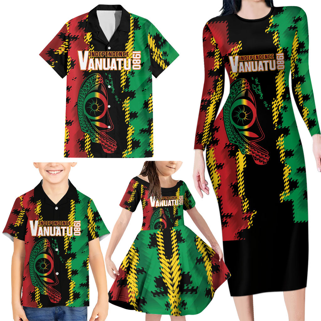 Vanuatu 46th Year Anniversary Family Matching Long Sleeve Bodycon Dress and Hawaiian Shirt Tamtam Slit Drums Long God Yumi Stanap LT9 - Polynesian Pride