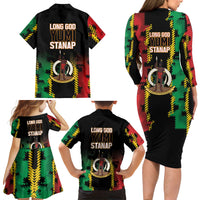 Vanuatu 46th Year Anniversary Family Matching Long Sleeve Bodycon Dress and Hawaiian Shirt Tamtam Slit Drums Long God Yumi Stanap LT9 - Polynesian Pride