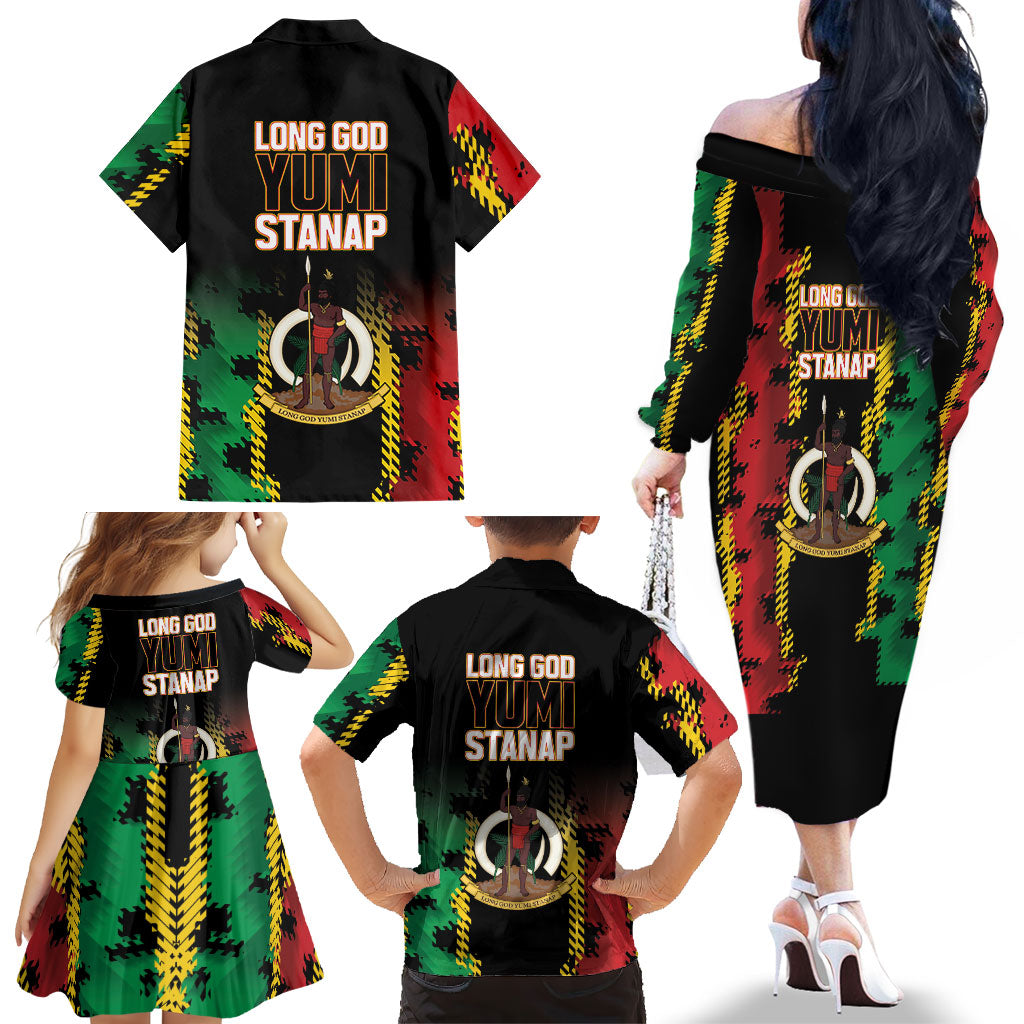 Vanuatu 46th Year Anniversary Family Matching Off The Shoulder Long Sleeve Dress and Hawaiian Shirt Tamtam Slit Drums Long God Yumi Stanap LT9 - Polynesian Pride
