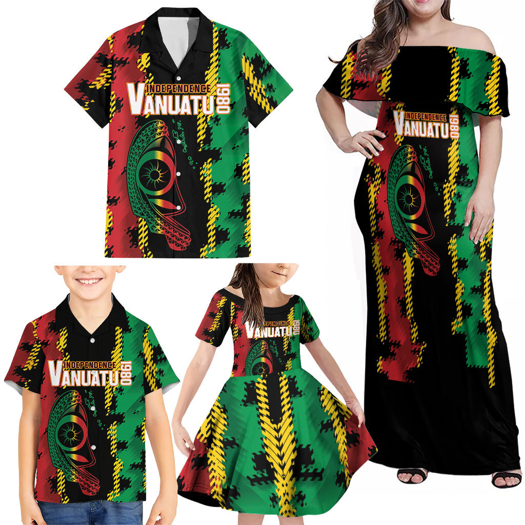 Vanuatu 46th Year Anniversary Family Matching Off Shoulder Maxi Dress and Hawaiian Shirt Tamtam Slit Drums Long God Yumi Stanap LT9 - Polynesian Pride
