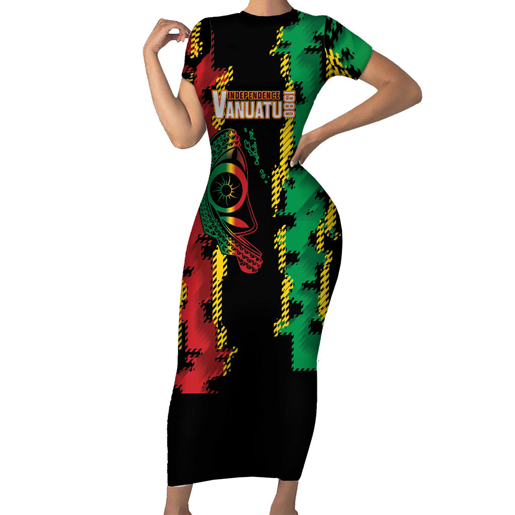 Vanuatu 46th Year Anniversary Family Matching Short Sleeve Bodycon Dress and Hawaiian Shirt Tamtam Slit Drums Long God Yumi Stanap LT9 Mom's Dress Black - Polynesian Pride