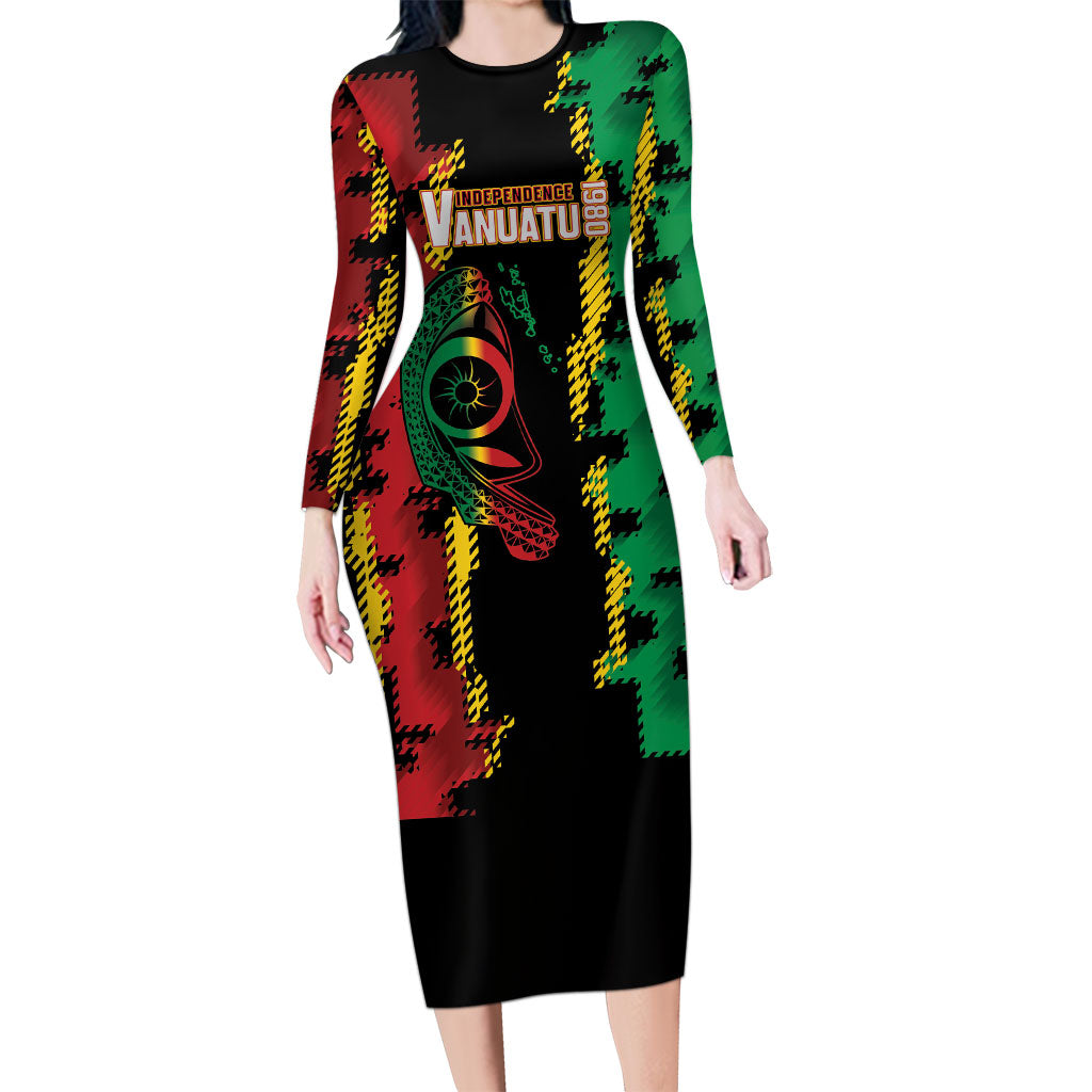 Vanuatu 46th Year Anniversary Long Sleeve Bodycon Dress Tamtam Slit Drums Long God Yumi Stanap