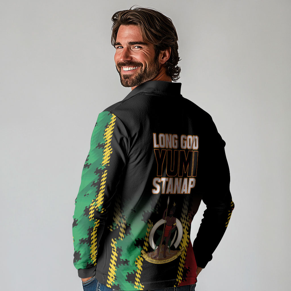 Vanuatu 46th Year Anniversary Long Sleeve Polo Shirt Tamtam Slit Drums Long God Yumi Stanap