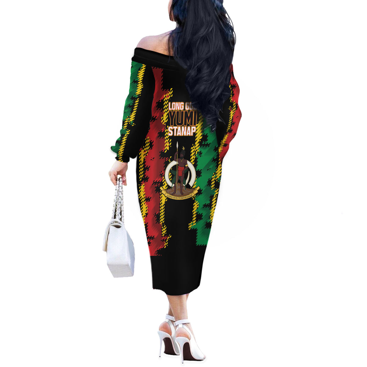 Vanuatu 46th Year Anniversary Off The Shoulder Long Sleeve Dress Tamtam Slit Drums Long God Yumi Stanap