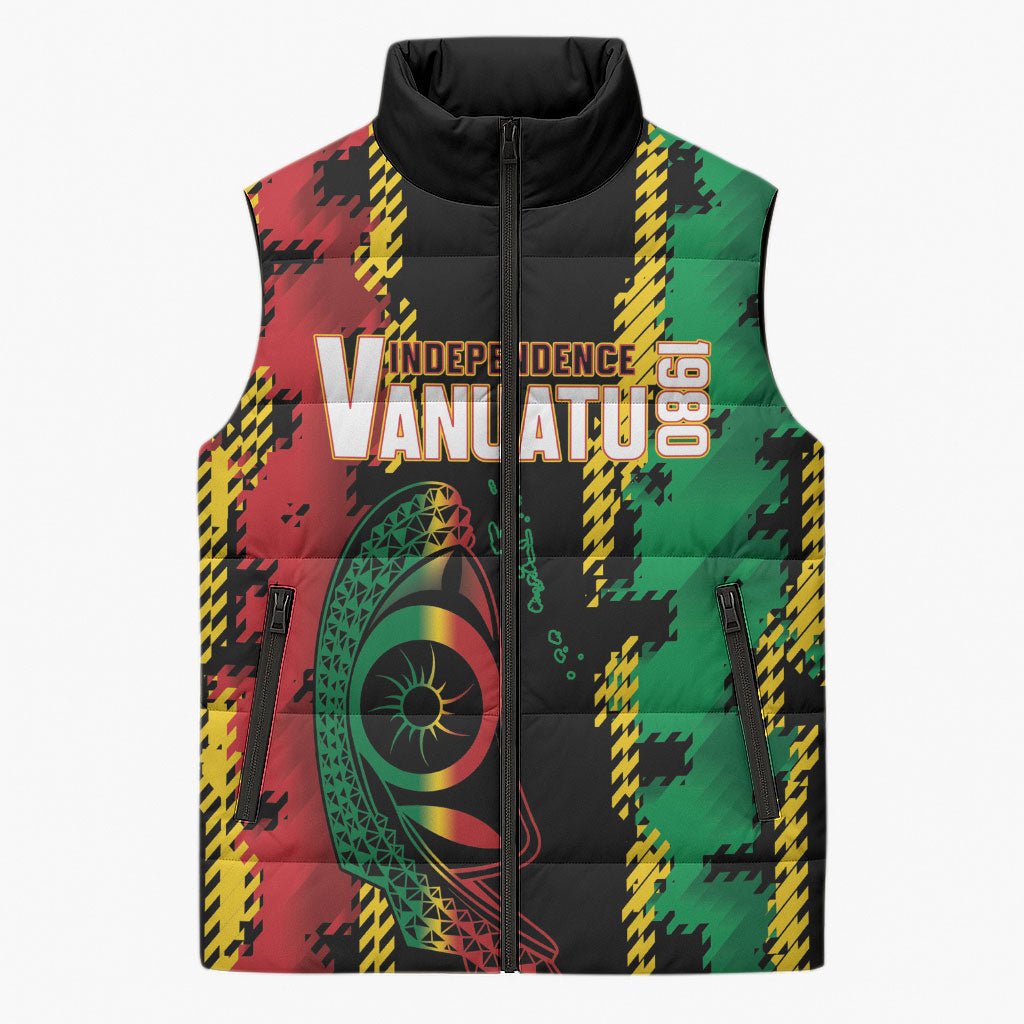 Vanuatu 46th Year Anniversary Sleeveless Puffer Jacket Tamtam Slit Drums Long God Yumi Stanap