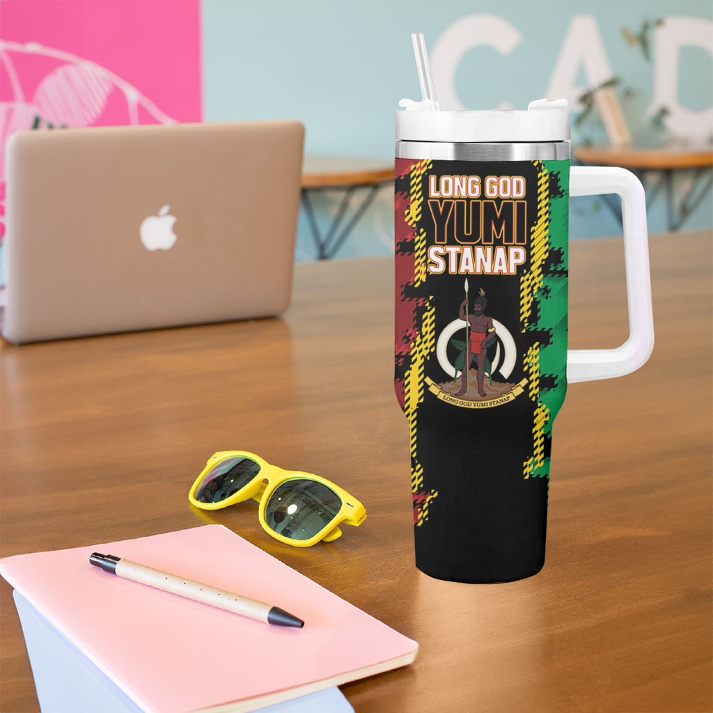 Vanuatu 46th Year Anniversary Tumbler With Handle Tamtam Slit Drums Long God Yumi Stanap