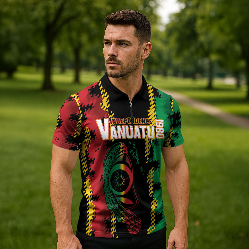 Vanuatu 46th Year Anniversary Zipper Polo Shirt Tamtam Slit Drums Long God Yumi Stanap