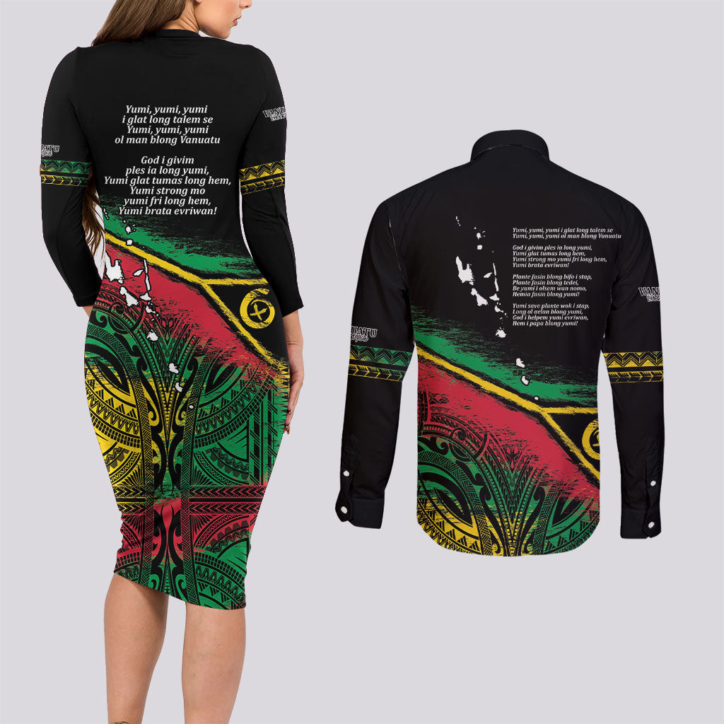 Vanuatu 46th Year Anniversary Couples Matching Long Sleeve Bodycon Dress and Long Sleeve Button Shirt Vintage Grunge Vanuatu Flag Heritage