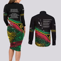 Vanuatu 46th Year Anniversary Couples Matching Long Sleeve Bodycon Dress and Long Sleeve Button Shirt Vintage Grunge Vanuatu Flag Heritage