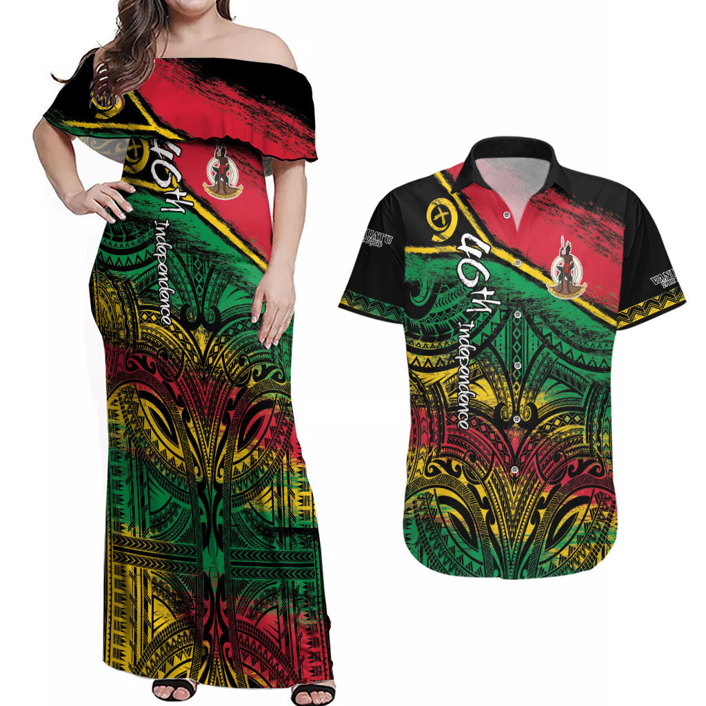 Vanuatu 46th Year Anniversary Couples Matching Off Shoulder Maxi Dress and Hawaiian Shirt Vintage Grunge Vanuatu Flag Heritage