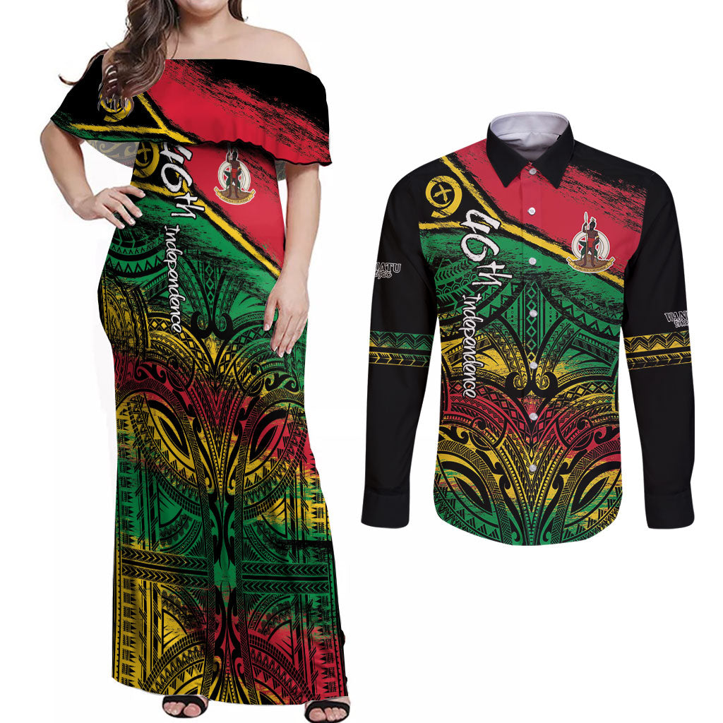 Vanuatu 46th Year Anniversary Couples Matching Off Shoulder Maxi Dress and Long Sleeve Button Shirt Vintage Grunge Vanuatu Flag Heritage
