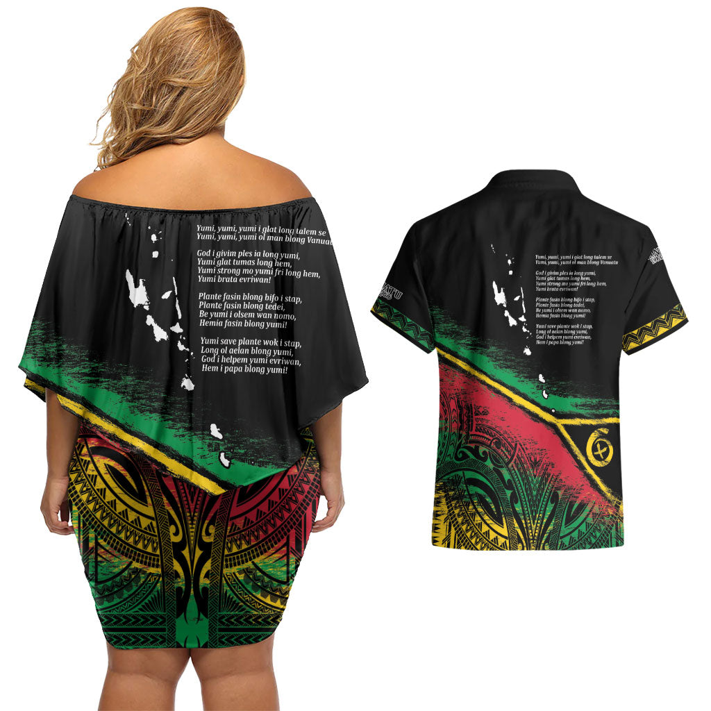 Vanuatu 46th Year Anniversary Couples Matching Off Shoulder Short Dress and Hawaiian Shirt Vintage Grunge Vanuatu Flag Heritage